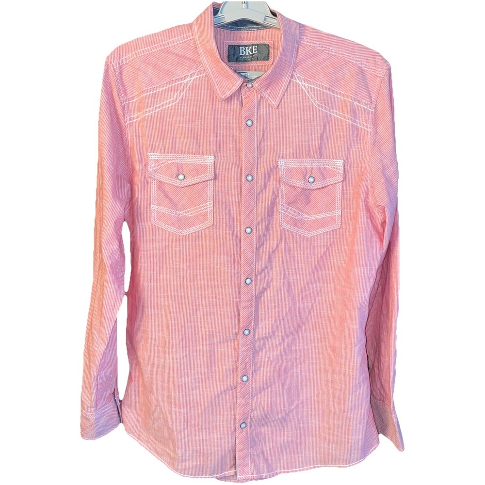 BKE Buckle Striped Orange Standard Pearl Snaps Double Chest Pockets Shirt XL‎